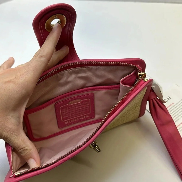 Coach Park Straw Clutch Handbag Small Purse Leather Metal Gold Tan Pink New NWT - Picture 5 of 13